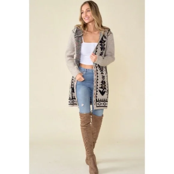Oatmeal Aztec Rainbow Western Hooded Knit Cardigan Long Sleeve Open Sweater - Picture 3 of 14